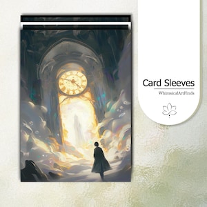 May include: A rectangular card sleeve featuring a digital illustration of a person in a dark coat walking toward a glowing arched doorway with a large clock face above it, surrounded by swirling clouds and bubbles. The text reads Card Sleeves.