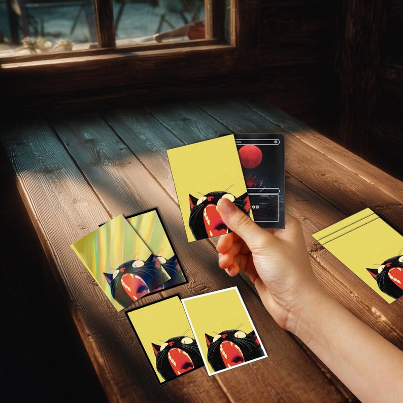 May include: A collection of rectangular trading cards featuring a black cat with an open mouth on a yellow background. One card is held up, revealing a dark reverse side with a red circular graphic. The cards have a smooth, matte finish.