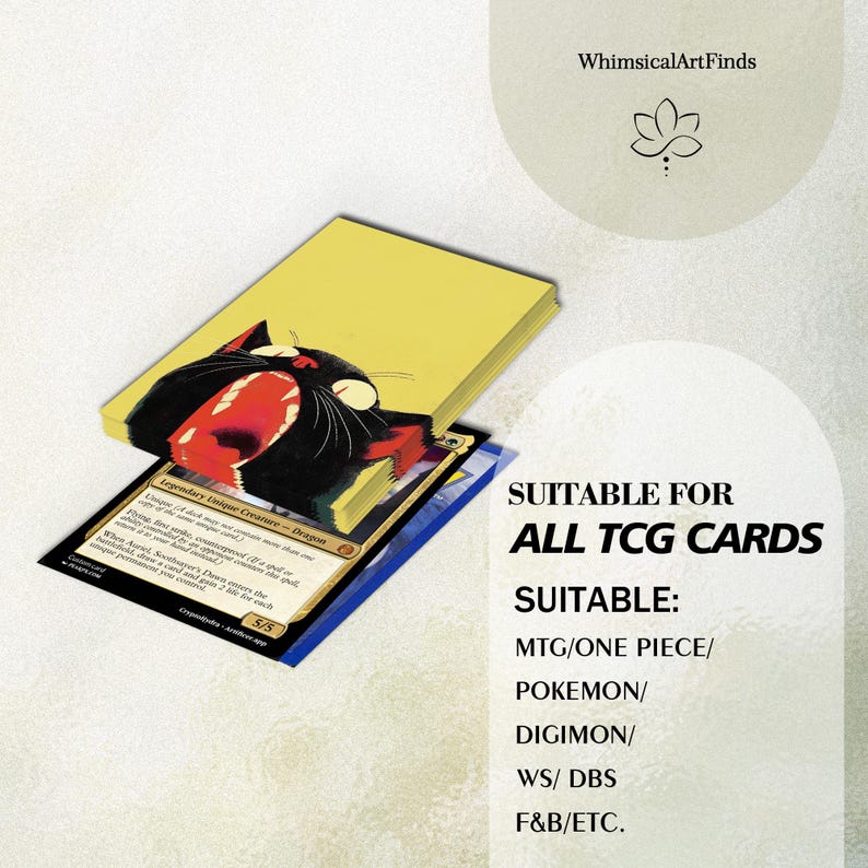 May include: A stack of rectangular trading card sleeves featuring a yellow background and a black cat illustration with a wide-open red mouth. The text reads SUITABLE FOR ALL TCG CARDS SUITABLE: MTG/ONE PIECE/ POKEMON/ DIGIMON/ WS/ DBS F&B/ETC.