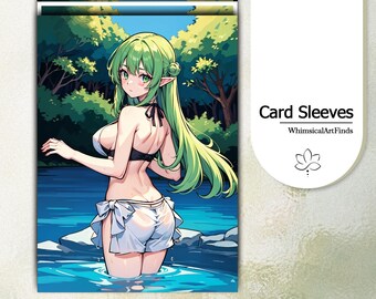 May include: Card sleeves featuring an anime-style illustration of a green-haired character in a black bikini and white shorts, standing in blue water. The background shows a lush green forest. Text on the right says "Card Sleeves" and "WhimsicalArtFinds".