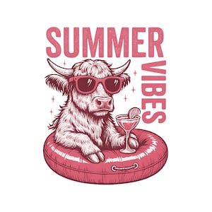 Highland Cow Summer Vibes PNG, Retro Beach Shirt Design, Funny Summer Shirt Print, Cow Sublimation PNG Beach Graphic