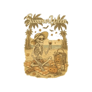 SummerWeen Skeleton PNG, Retro Halloween Beach Design, Tropical Fall Sublimation, Spooky Vacation PNG, October Clipart Download