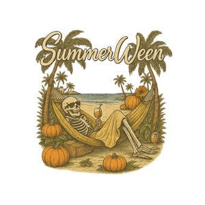 SummerWeen Skeleton PNG, Retro Halloween Beach Design, Tropical Fall Sublimation, Spooky Vacation PNG, October Clipart Download