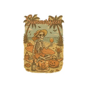 SummerWeen Skeleton PNG, Retro Halloween Beach Design, Tropical Fall Sublimation, Spooky Vacation PNG, October Clipart Download