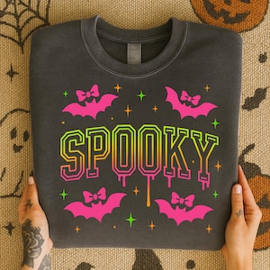 Coquette Halloween Shirt PNG, Spooky Bats PNG with Bows, Cute Halloween PNG, Neon Pastel Halloween Clipart, Girly Sublimation Graphic
