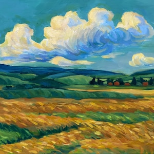 Fields of Gold – ręcznie malowany olejny krajobraz, oryginalna sztuka ścienna z polem pszenicy, rustykalne płótno wiejskie do salonu, sypialni, przedpokoju