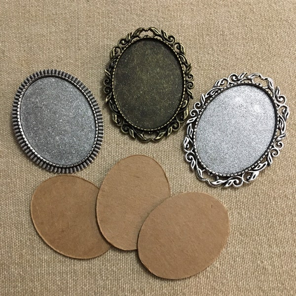 Oval Brooch Pin Bezel, Bezel and Tag Kit for Embroidery, Fiber Art, Crafting. Silver or Bronze