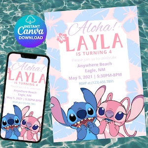 Modèle de fête Stitch, faire-part d'anniversaire Lilo et Stitch, personnalisable, téléchargeable, invitation à une fête, carte numérique à thème, instantané sur toile modifiable