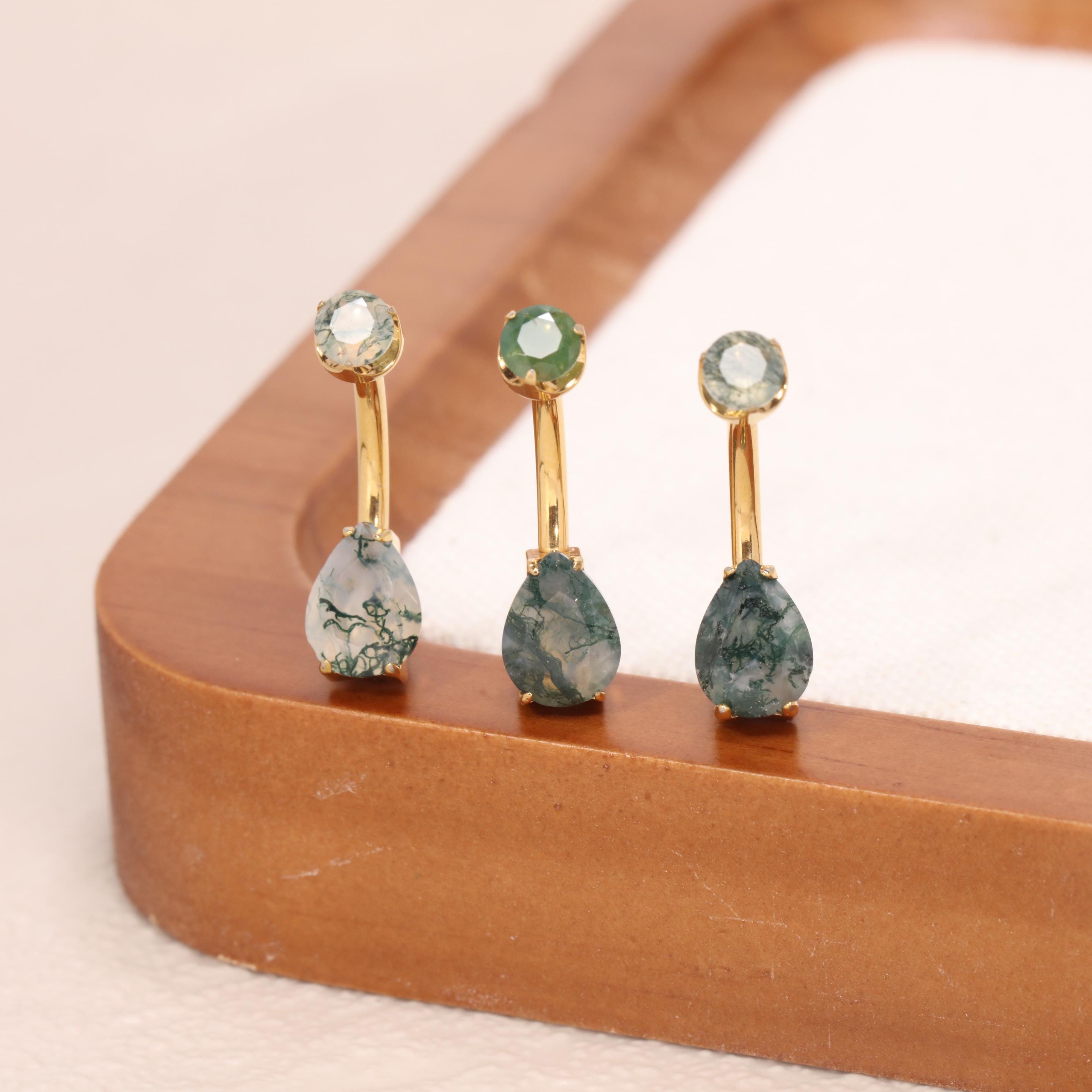 Gold Teardrop Moss Agate Navel Ring Floating Navel Piercing Belly Button Piercing Jewelry 14G G23 Titanium Small Navel Ring Body Jewelry