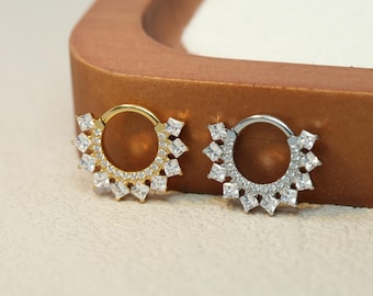 Square CZ Gorgeous Nose Ring Round Paved Earring Hinged Clicker Hoop Septum Ring  Nose Jewelry  316L Surgical Steel 16G
