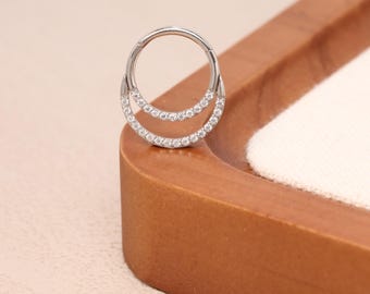 Dazzling CZ Double Hoop Daith Earring Septum Jewelry Silver/Black/Gold/Rose gold Hinged Clicker Hoop  Conch Ring 7mm/8mm/10mm