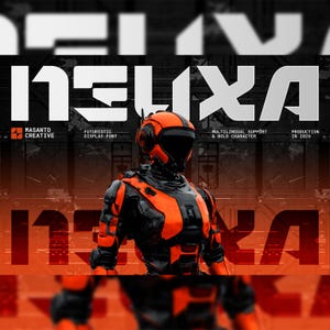 May include: A digital graphic featuring a futuristic character in orange and black armor with a helmet. The text NEUXA is displayed in a bold, stylized font. Additional text includes MASANTO CREATIVE, FUTURISTIC DISPLAY FONT, and PRODUCTION IN 2026.
