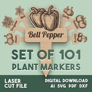 Könnte beinhalten: Ein Set aus 101 Pflanzenmarkern aus Holz mit Illustrationen verschiedener Kräuter und Gemüse, darunter Paprika, Tomaten und Knoblauch. Die Marker tragen die Aufschriften "Bell Pepper", "Oregano", "Mint", "Onion", "Garlic", "Tomato" und "Cherry". Das Bild enthält auch den Text "SET OF 101 PLANT MARKERS", "LASER CUT FILE" und "DIGITAL DOWNLOAD".
