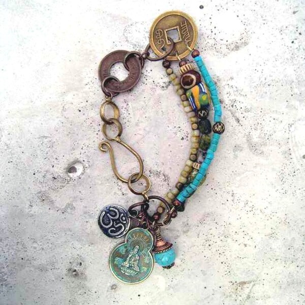 Eclectic, African style, multi gemstone, multi strand, trade bead, turquoise, czech picasso,  bracelet by Esfera Jewelry