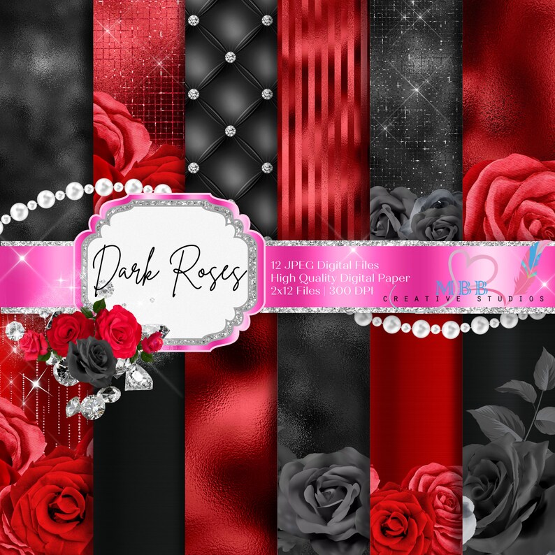 Red Rose Paper, Black Rose Digital Paper, Rose Digital Planner Paper