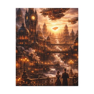 May include: An artistic canvas print depicting a steampunk city at sunset. The image features ornate buildings, bridges, airships, and a couple overlooking the cityscape. The color palette includes warm tones of gold, orange, and brown.