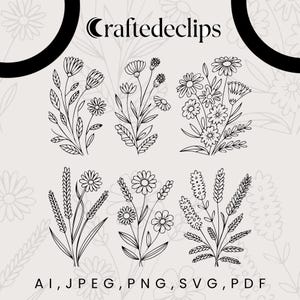 Bundle Svg de fleurs sauvages, prairie de fleurs Svg, bordure de fleurs SVG, bouquet de fleurs minimaliste, clipart fleurs sauvages, fleur croquis Svg