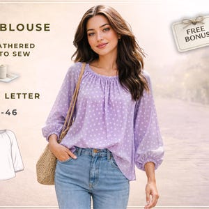 Può includere: Una donna indossa una camicetta lilla chiaro con pois bianchi e maniche lunghe, abbinata a jeans blu. L'immagine include il testo: "NALIA BLOUSE", "SOFT - GATHERED - EASY TO SEW" e "EU 36-46". È visibile anche un'etichetta "FREE BONUS".