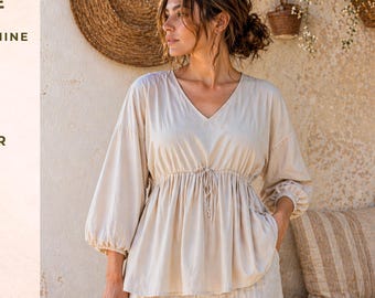 LIVIA PDF Sewing Pattern, V-Neck Boho Blouse, Kimono Sleeve Top, Flowy Tunic, Gathered Women Top, A4 A0 Letter