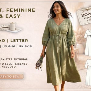 Patrón de costura en PDF para vestido bohemio estilo camisero MILA, escote en V, cintura imperio con cordón, mangas abullonadas, vestido midi/max.