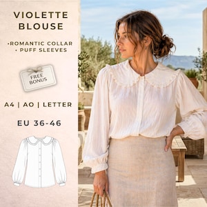 Peut inclure: Un chemisier à manches longues couleur crème avec un col à volants, une fermeture boutonnée et des manches bouffantes. Le texte indique VIOLETTE BLOUSE, ROMANTIC COLLAR, PUFF SLEEVES, FREE BONUS, A4 | A0 | LETTER, EU 36-46, avec un croquis.