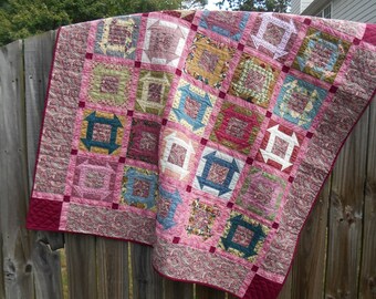 Rose, pink, muave hand-quilted throw or wall quilt