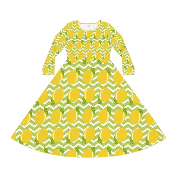 Lemon Print Dance Dress, Women's Long Sleeve Dress, Summer Party