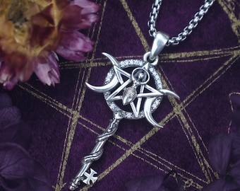 Hecate Key Necklace Sterling Silver, Triple Moon Pentacle Pendant, Wiccan Witch Jewelry, Pagan Talisman Gift