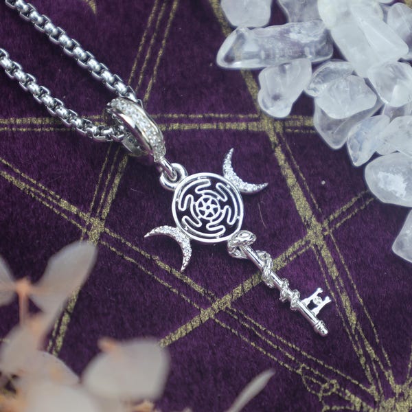 Hecate Triple Moon Key Pendant: 925 Sterling Silver Charm for Bracelet or Necklace, Witchcraft Protection Amulet, Wiccan Goddess Jewelry