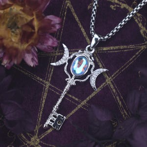 Hecate Key Necklace 925 Sterling Silver, Moon Crystal Witch Pendant, Wiccan Pagan Jewelry, Witchcraft Gift for Her & Him