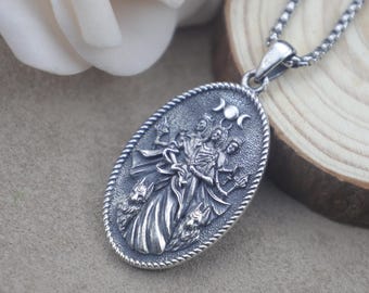 Collana Hekate In Argento Sterling 925 – Ciondolo Triplice Luna E Ruota Di Ecate – Gioiello Pagano Per Donne – Regalo Significativo