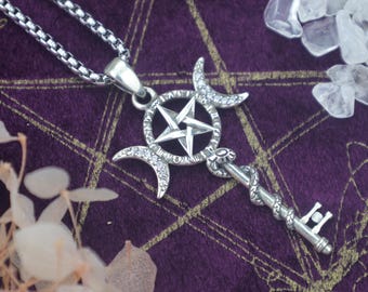 Sterling Silver Hecate Key Necklace: Triple Moon Pentagram Wiccan Amulet