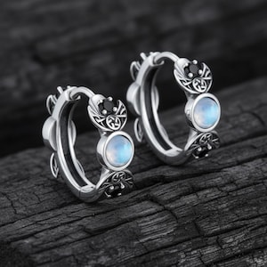 Boucles d'oreilles triple lune en argent sterling 925, pierre de lune, Hécate, bijoux de sorcière païenne wicca