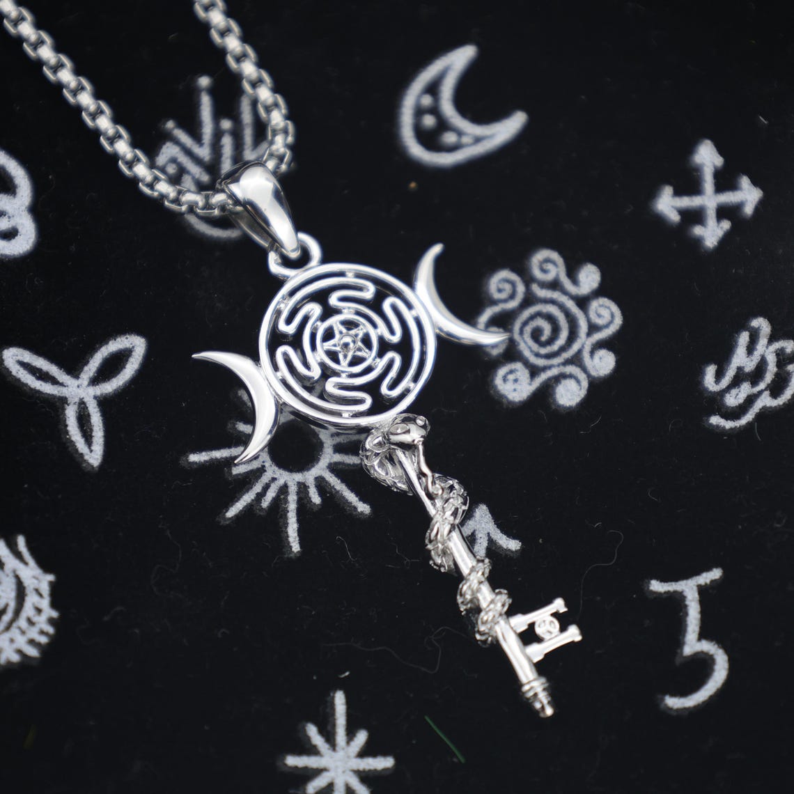 Hecate Key Necklace: 925 Sterling Silver Triple Moon Goddess Pendant ...