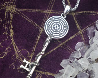 Hecate Wheel Key Necklace – 925 Sterling Silver Witch Jewelry, Triple Goddess Amulet Pagan Protection Talisman, Wiccan Gift for Women