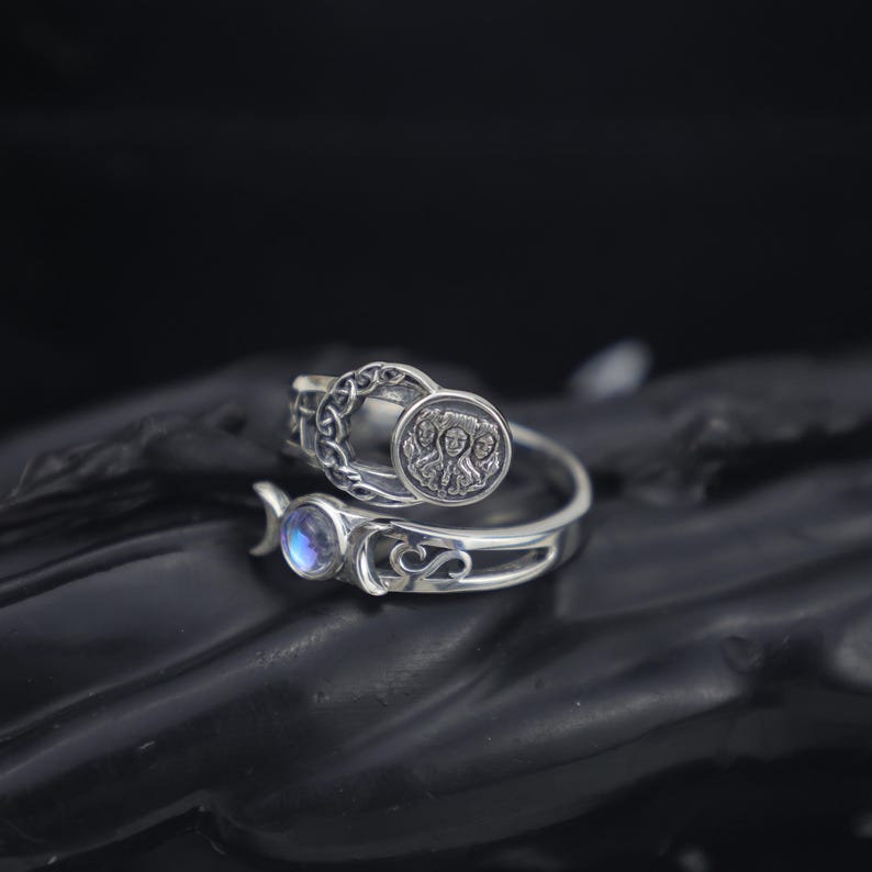 Triple Moon Goddess Ring – Sterling Silver Adjustable Ring, Feminine ...