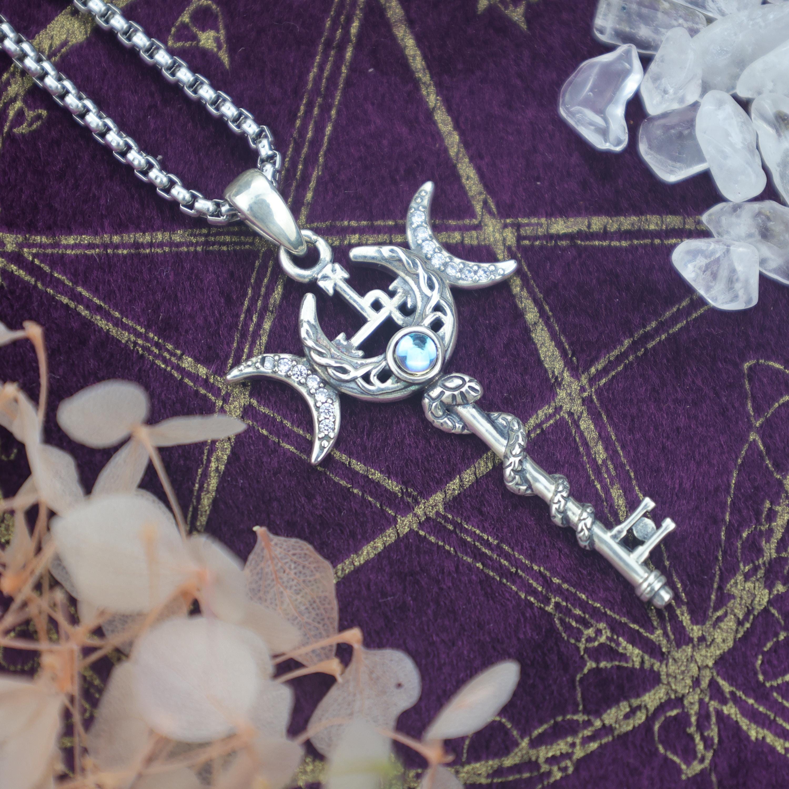 Lilith Key Necklace – 925 Sterling Silver Triple Moon Pendant – Sigil of Lilith Pagan Jewelry – Feminine Power Amulet Jewelry Gifts