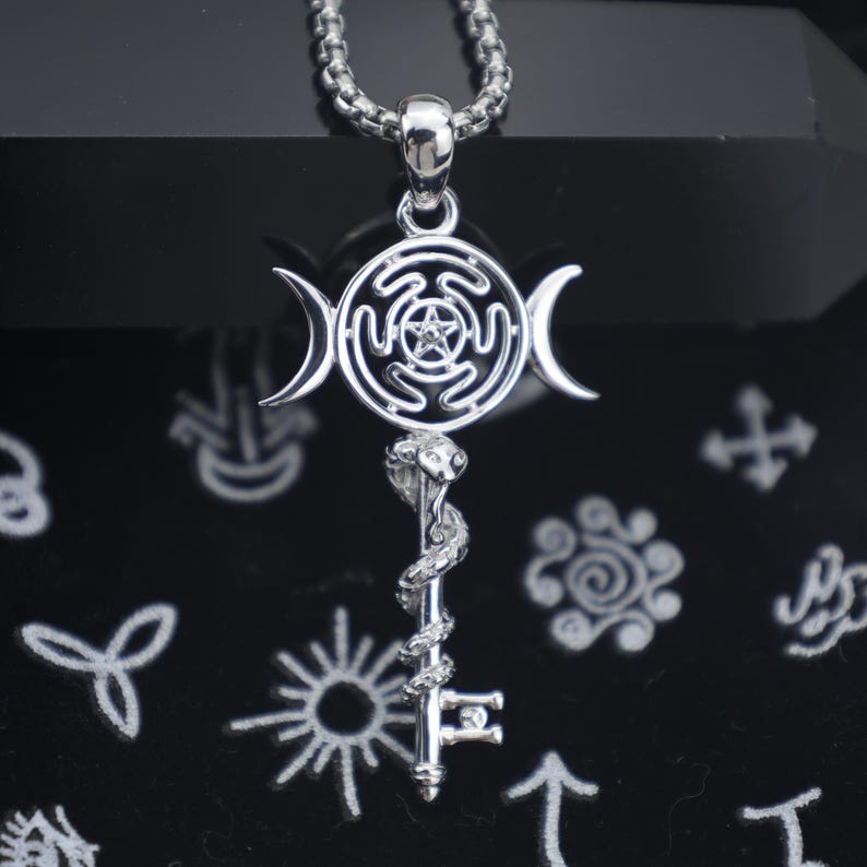 Hecate Key Necklace: 925 Sterling Silver Triple Moon Goddess Pendant ...