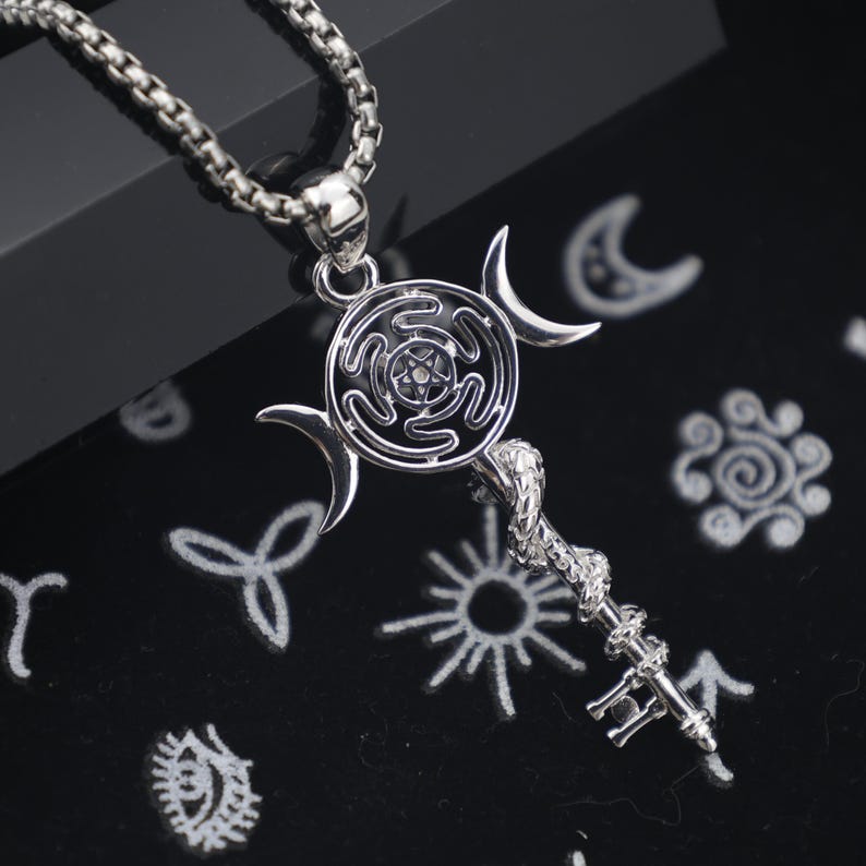 Hecate Key Necklace: 925 Sterling Silver Triple Moon Goddess Pendant ...