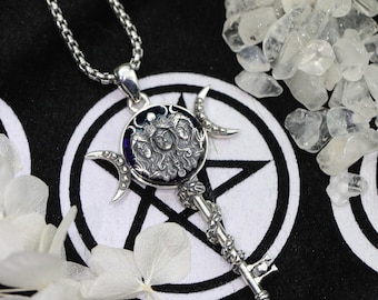 Hecate Triple Moon Key Necklace: 925 Sterling Silver Wiccan Protection Pendant Witchcraft Goddess Jewelry