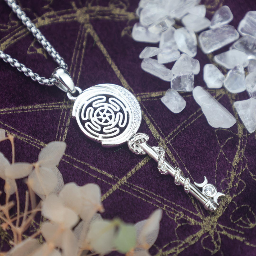 Hecate Key Necklace –925 Sterling Silver Wheel of Hecate Pendant  – Triple Moon Goddess Jewelry for Witches & Spiritual Seekers