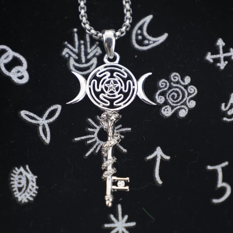 Hecate Key Necklace: 925 Sterling Silver Triple Moon Goddess Pendant ...