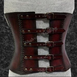 Steampunk Leather Waist Cincher Corset – Brown Gothic Underbust Armor with Brass Clasp Detailing