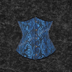Royal Blue Brocade Overbust Corset – Vintage Gothic Steel Boned Waist Trainer
