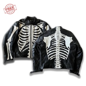 Gothic Skeleton Jacket – Black Leather Biker Style with Bone Print