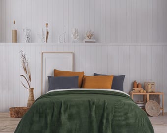 Forest Green Waflle Throw Blanket %100 Organic Cotton - Lightweight and Breathable Bed Throw, Waffle King Size Blanket, Oversize Boho Throw