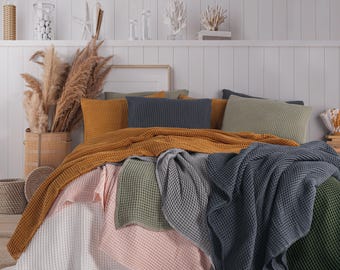 Waflle %100 Organic Cotton Throw Blanket  - Lightweight and Breathable Bed Throw, Waffle King Blanket, Queen Boho Throw, Summer Bedspread