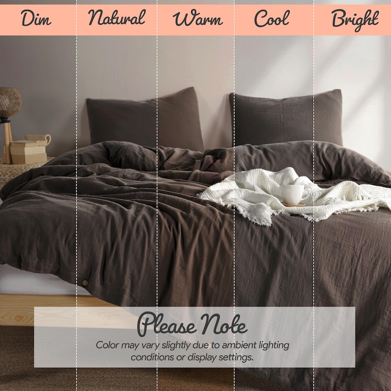 May include: A bed with a dark brown duvet cover and two matching pillows. A white blanket with a cup is draped over the bed. The text "Please Note" and a disclaimer about color variation are at the bottom.