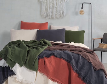 Summer Bedspread  %100 Organic Cotton - Lightweight and Breathable 4 Layer Muslin Bed Throw, King Gauze Blanket, Oversize Boho Throw Blanket