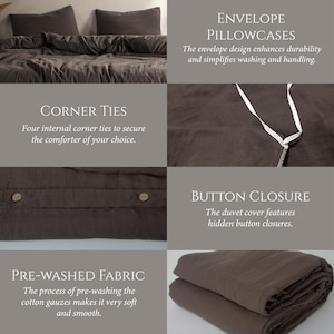 May include: A dark brown bed set with pillowcases, a duvet cover, and close-ups of features. The image highlights corner ties, button closures, and pre-washed fabric. The text describes the envelope pillowcases and the soft, smooth cotton gauzes.